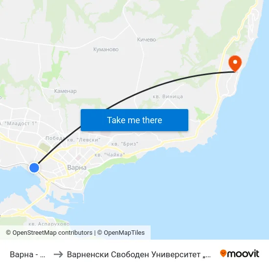 Варна - Спирка to Варненски Свободен Университет „Черноризец Храбър“ map