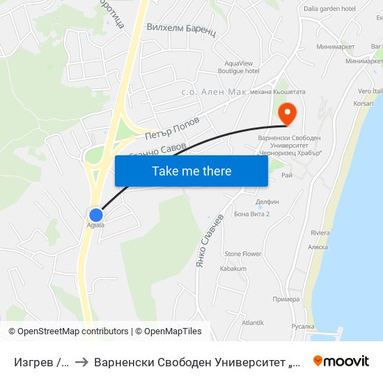 Изгрев / Izgrev to Варненски Свободен Университет „Черноризец Храбър“ map