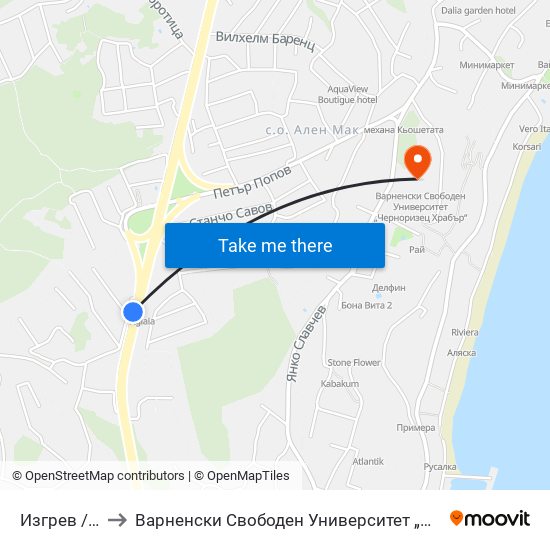 Изгрев / Izgrev to Варненски Свободен Университет „Черноризец Храбър“ map