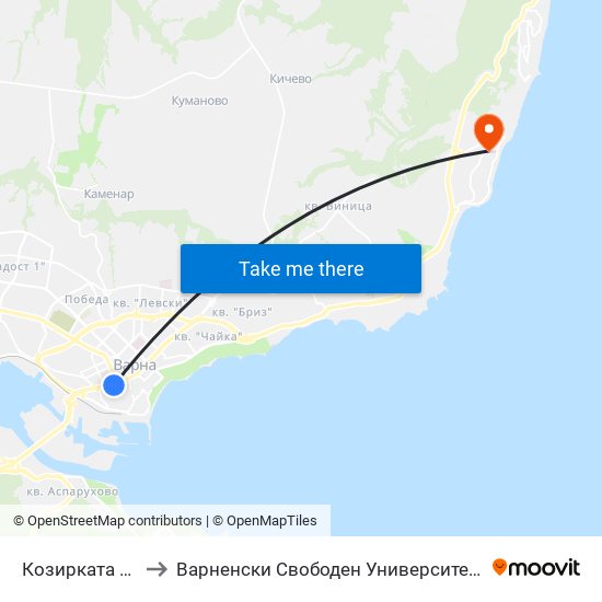 Козирката / Kozirkata to Варненски Свободен Университет „Черноризец Храбър“ map