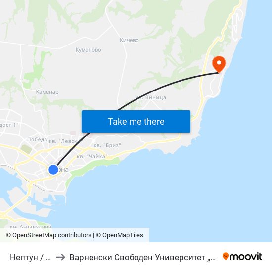 Нептун / Neptun to Варненски Свободен Университет „Черноризец Храбър“ map