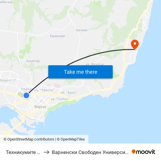 Техникумите / Tehnikumite to Варненски Свободен Университет „Черноризец Храбър“ map