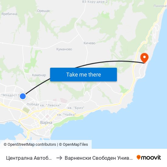 Централна Автобаза / Central Autobase to Варненски Свободен Университет „Черноризец Храбър“ map
