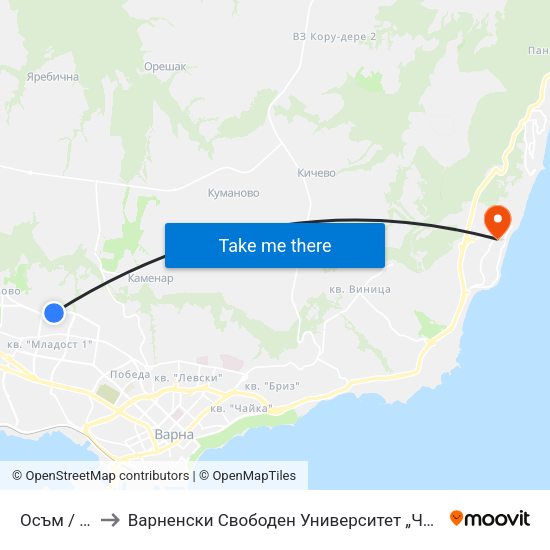 Осъм / Osam to Варненски Свободен Университет „Черноризец Храбър“ map