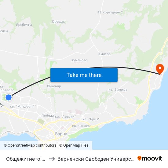 Общежитието / Obshtezhitieto to Варненски Свободен Университет „Черноризец Храбър“ map