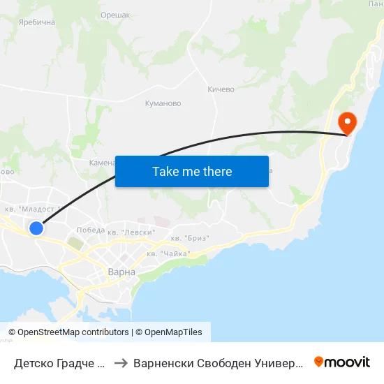 Детско Градче / Children's Town to Варненски Свободен Университет „Черноризец Храбър“ map