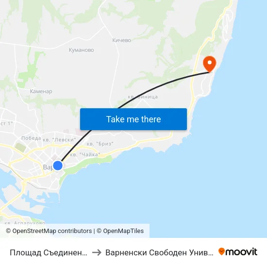 Площад Съединение / Saedinenie Square to Варненски Свободен Университет „Черноризец Храбър“ map