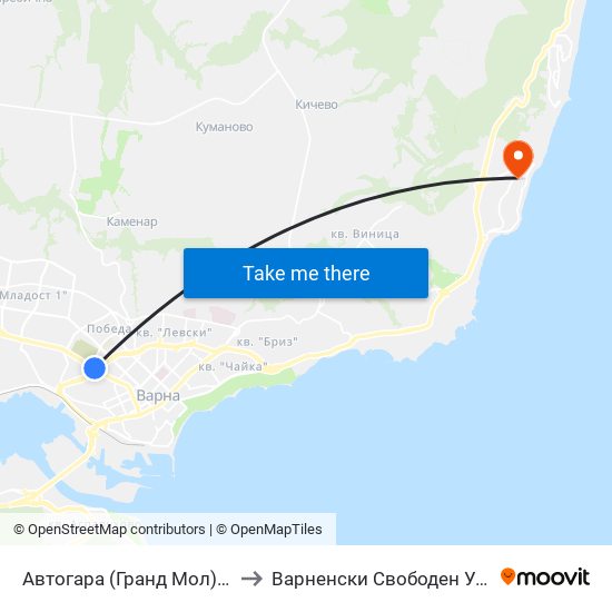 Автогара (Гранд Мол) / Central Bus Station (Grand Mall) to Варненски Свободен Университет „Черноризец Храбър“ map