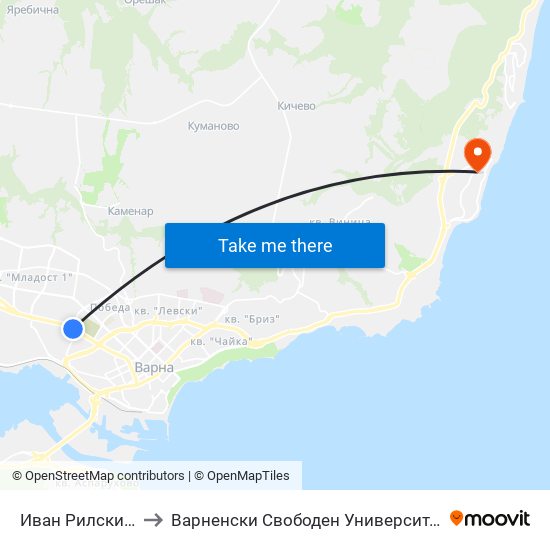 Иван Рилски / Ivan Rilski to Варненски Свободен Университет „Черноризец Храбър“ map