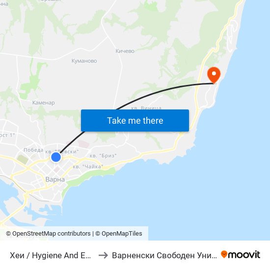 Хеи / Hygiene And Epidemiological Inspectorate to Варненски Свободен Университет „Черноризец Храбър“ map