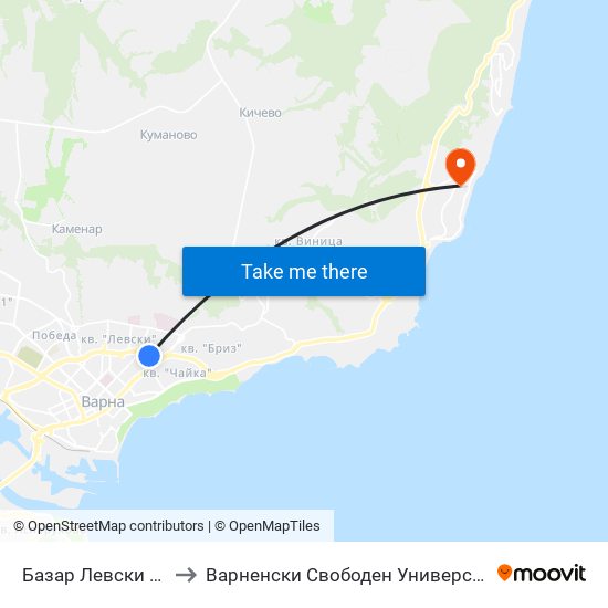 Базар Левски / Levski Market to Варненски Свободен Университет „Черноризец Храбър“ map