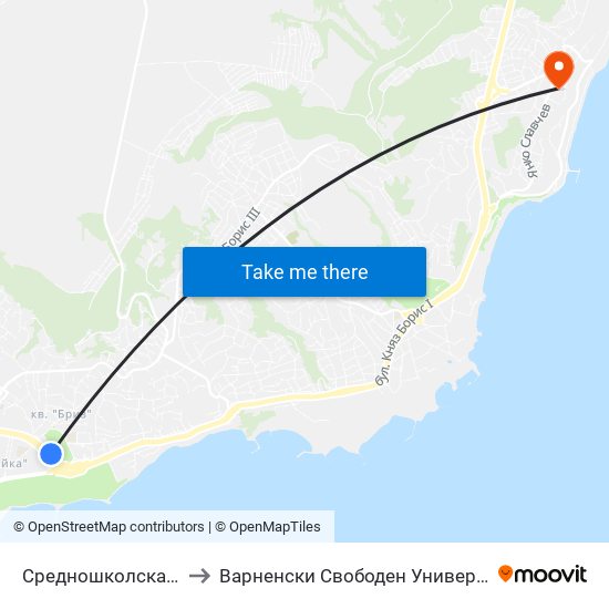 Средношколска / Srednoshkolska to Варненски Свободен Университет „Черноризец Храбър“ map