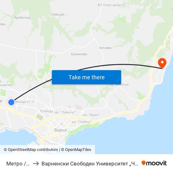 Метро / Metro to Варненски Свободен Университет „Черноризец Храбър“ map