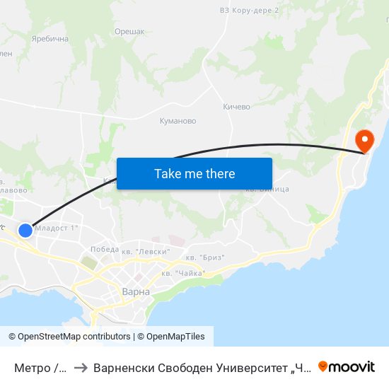 Метро / Metro to Варненски Свободен Университет „Черноризец Храбър“ map