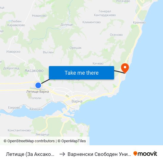 Летище  (За Аксаково) / Airport (For Aksakovo) to Варненски Свободен Университет „Черноризец Храбър“ map