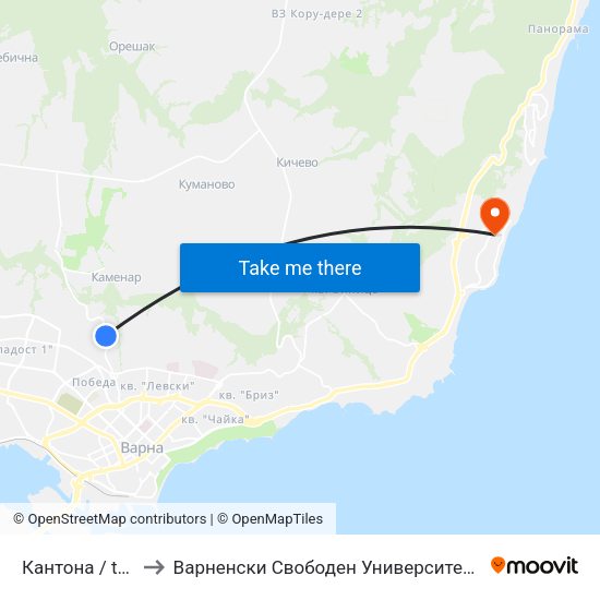 Кантона / the Canton to Варненски Свободен Университет „Черноризец Храбър“ map