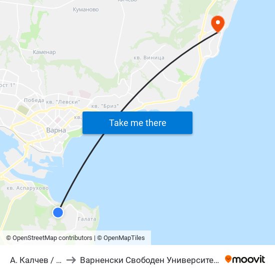 А. Калчев / A. Kalchev to Варненски Свободен Университет „Черноризец Храбър“ map