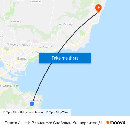Галата / Galata to Варненски Свободен Университет „Черноризец Храбър“ map