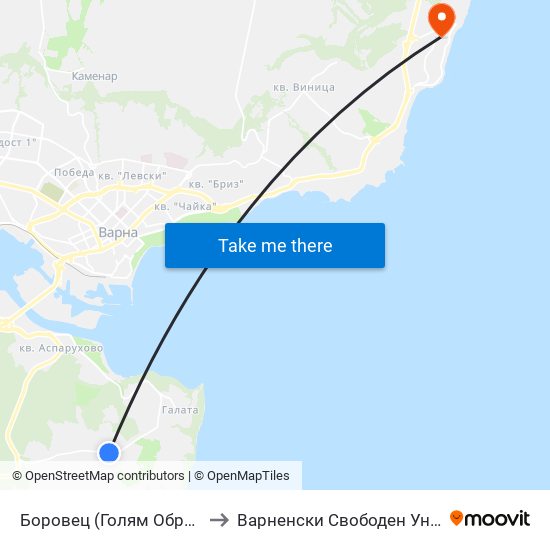Боровец (Голям Обръщач) / Borovets (Big Tumbler) to Варненски Свободен Университет „Черноризец Храбър“ map
