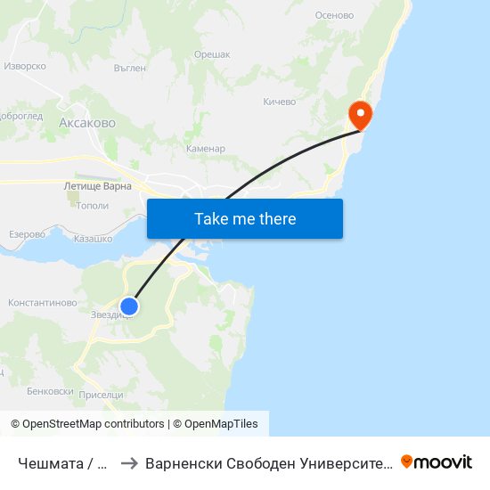 Чешмата / Cheshmata to Варненски Свободен Университет „Черноризец Храбър“ map