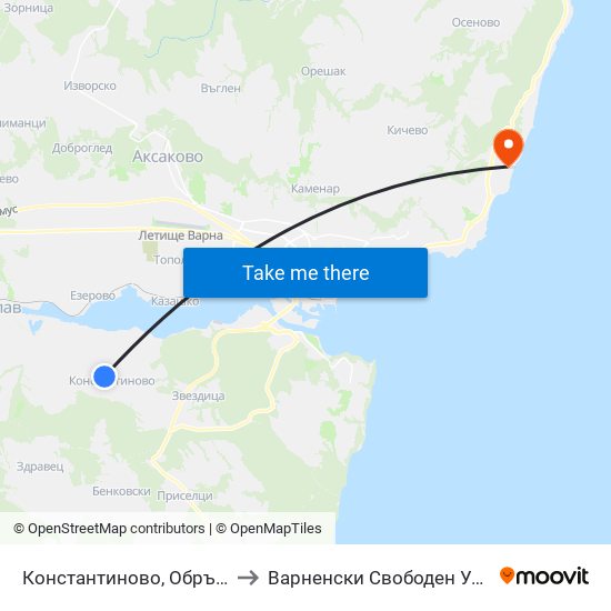 Константиново, Обръщач / Konstantinovo (Turn Spot) to Варненски Свободен Университет „Черноризец Храбър“ map