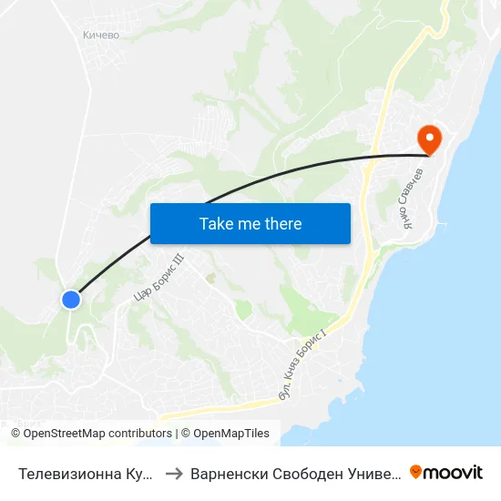Телевизионна Кула / Television Tower to Варненски Свободен Университет „Черноризец Храбър“ map