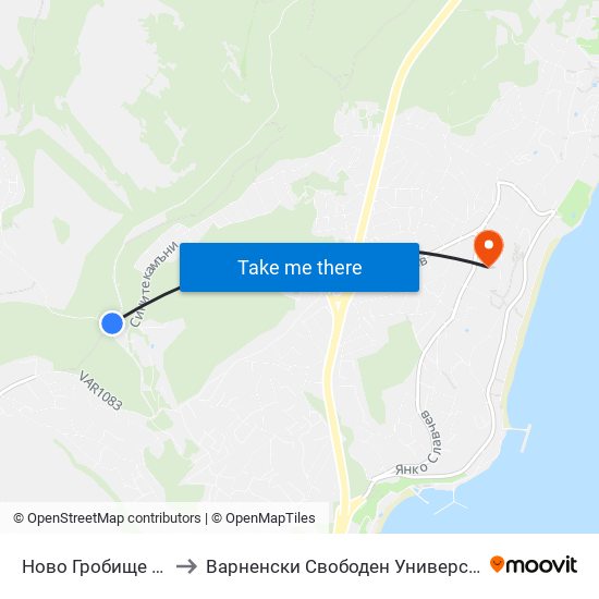 Ново Гробище / New Cemetery to Варненски Свободен Университет „Черноризец Храбър“ map