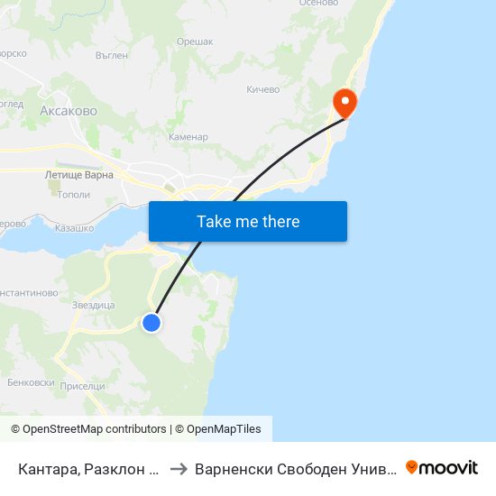 Кантара, Разклон / Fork Road For Kantara to Варненски Свободен Университет „Черноризец Храбър“ map