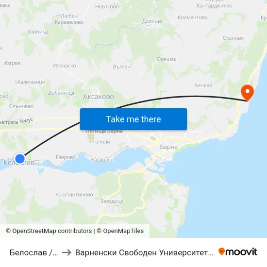 Белослав / Beloslav to Варненски Свободен Университет „Черноризец Храбър“ map