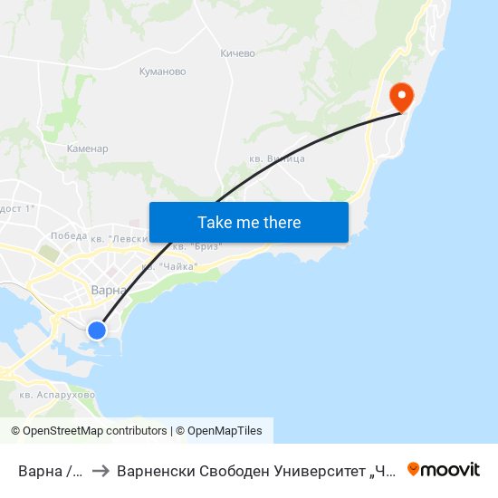 Варна / Varna to Варненски Свободен Университет „Черноризец Храбър“ map