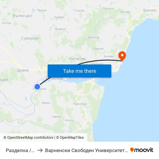 Разделна / Razdelna to Варненски Свободен Университет „Черноризец Храбър“ map