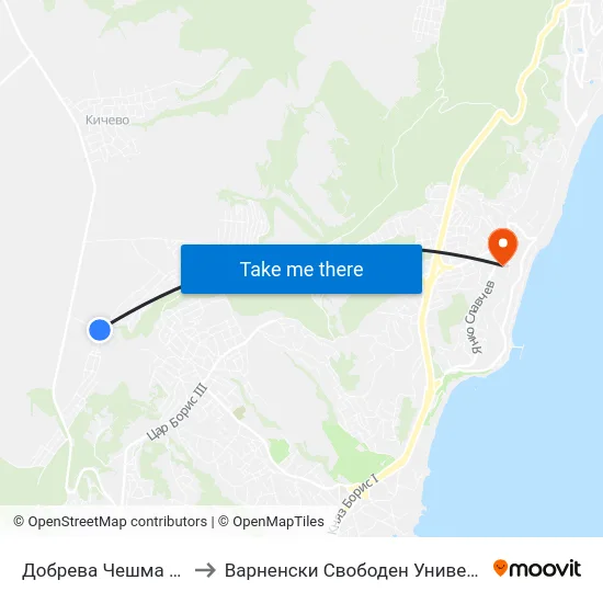 Добрева Чешма / Dobreva Cheshma to Варненски Свободен Университет „Черноризец Храбър“ map