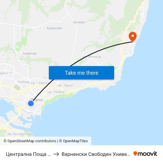 Централна Поща / Central Post Office to Варненски Свободен Университет „Черноризец Храбър“ map