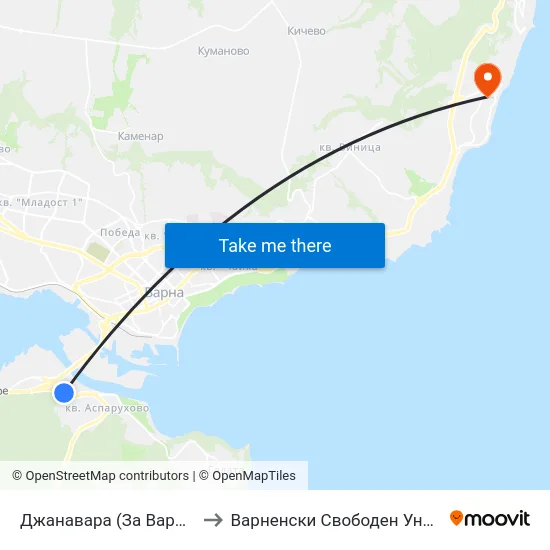 Джанавара (За Варна) / Dzhanavara (For Varna) to Варненски Свободен Университет „Черноризец Храбър“ map