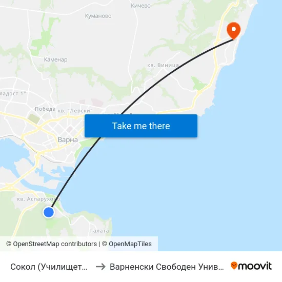 Сокол (Училището) / Sokol (The School) to Варненски Свободен Университет „Черноризец Храбър“ map