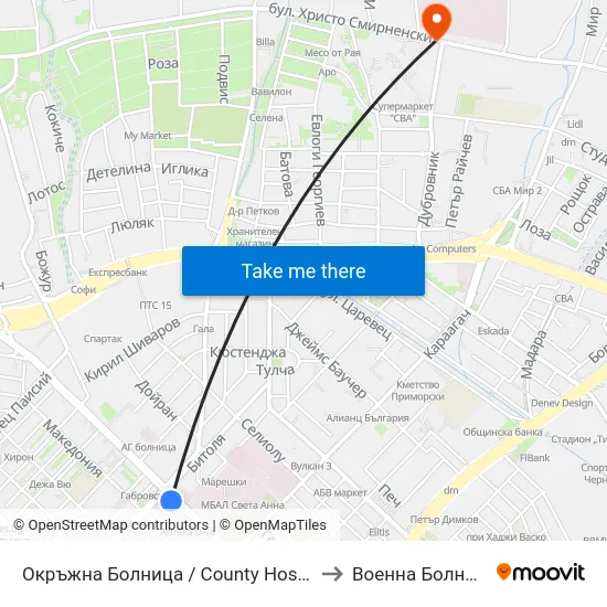 Окръжна Болница / County Hospital to Военна Болница map