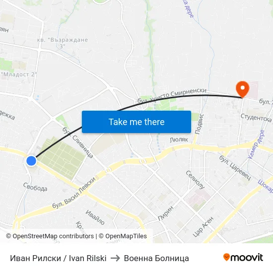 Иван Рилски / Ivan Rilski to Военна Болница map