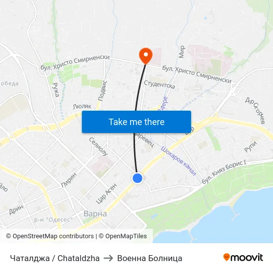 Чаталджа / Chataldzha to Военна Болница map