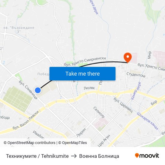 Техникумите / Tehnikumite to Военна Болница map