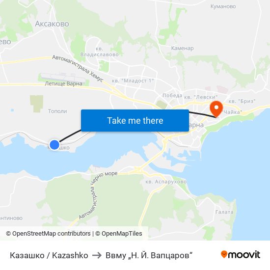 Казашко / Kazashko to Ввму „Н. Й. Вапцаров“ map