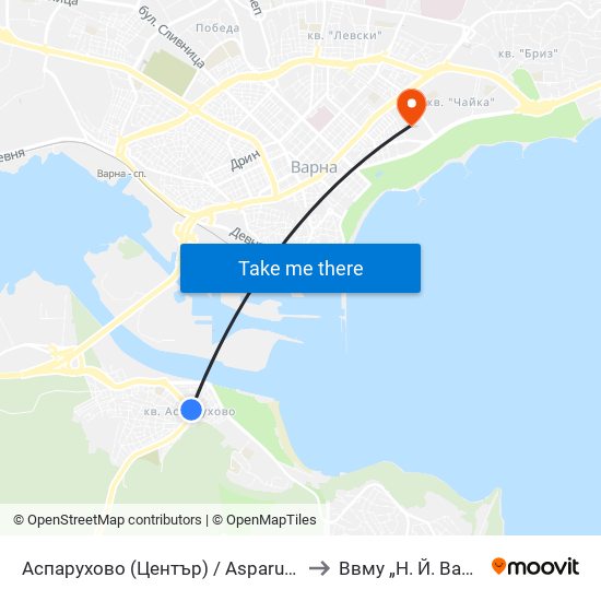 Аспарухово (Център) / Asparuhovo (Centre) to Ввму „Н. Й. Вапцаров“ map