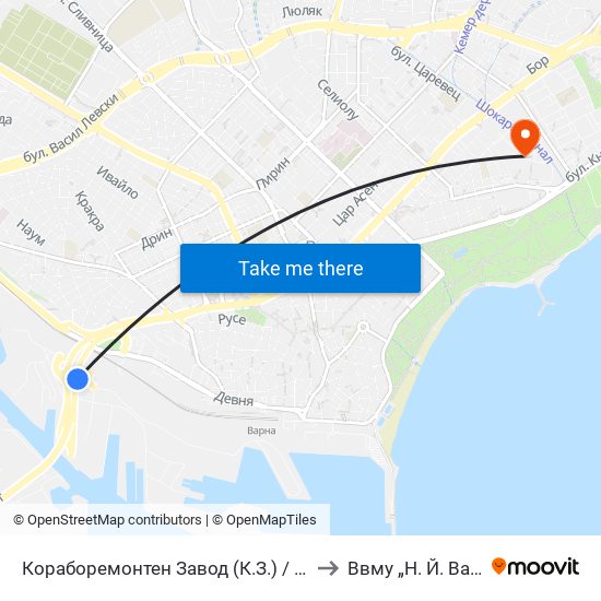 Кораборемонтен Завод (К.З.) / Ship Repair Plant to Ввму „Н. Й. Вапцаров“ map