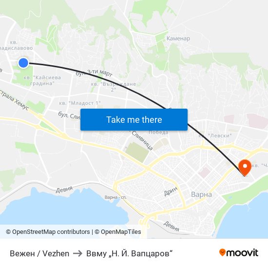 Вежен / Vezhen to Ввму „Н. Й. Вапцаров“ map