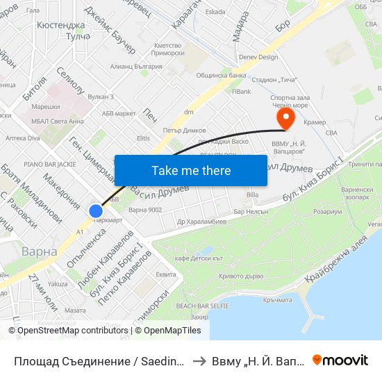 Площад Съединение / Saedinenie Square to Ввму „Н. Й. Вапцаров“ map