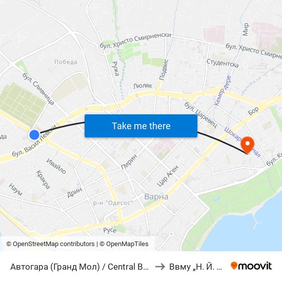 Автогара (Гранд Мол) / Central Bus Station (Grand Mall) to Ввму „Н. Й. Вапцаров“ map