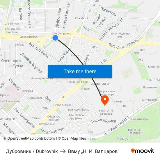 Дубровник / Dubrovnik to Ввму „Н. Й. Вапцаров“ map