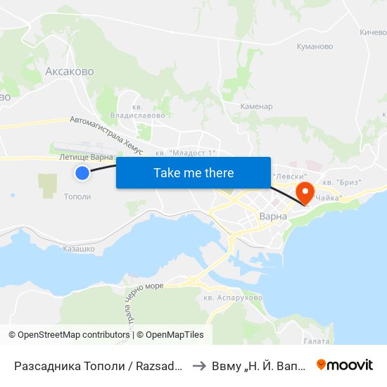 Разсадника Тополи / Razsadnika Topoli to Ввму „Н. Й. Вапцаров“ map