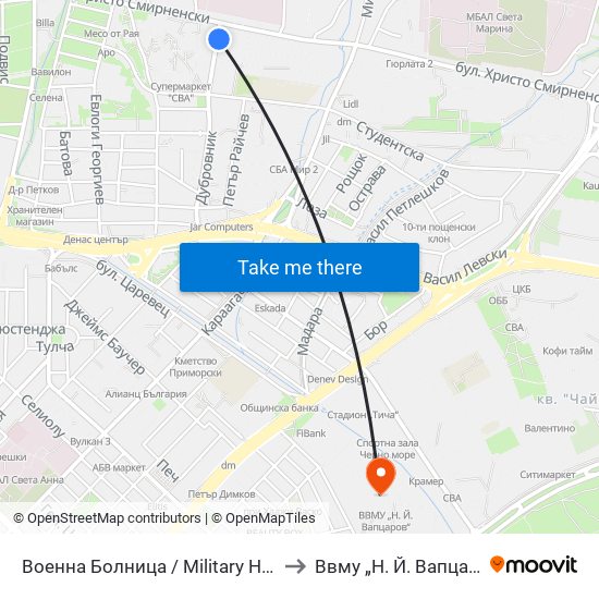 Военна Болница / Military Hospital to Ввму „Н. Й. Вапцаров“ map