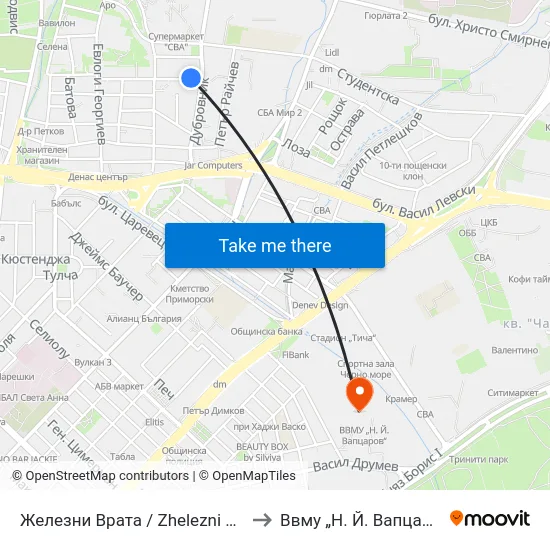 Железни Врата / Zhelezni Vrata to Ввму „Н. Й. Вапцаров“ map