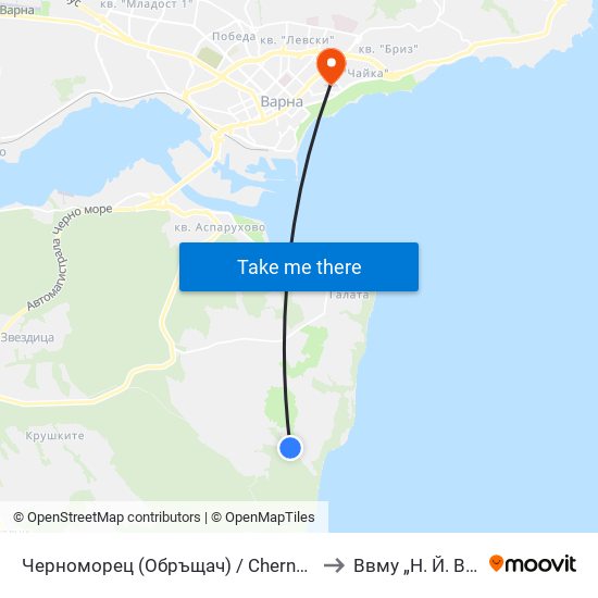 Черноморец (Обръщач) / Chernomorets (Turn Spot) to Ввму „Н. Й. Вапцаров“ map